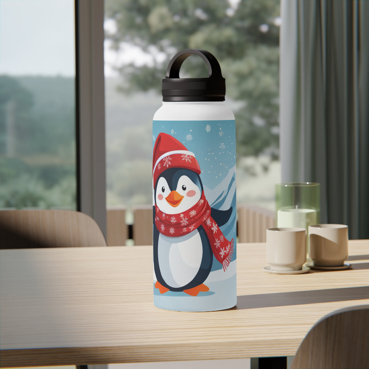 Festive Penguin Christmas Stainless Steel Water Bottle | Cute Arctic Animal Holiday Travel Mug