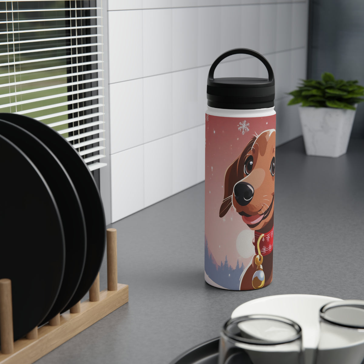Festive Dachshund Christmas Stainless Steel Water Bottle | Cute Sausage Dog Holiday Travel Mug