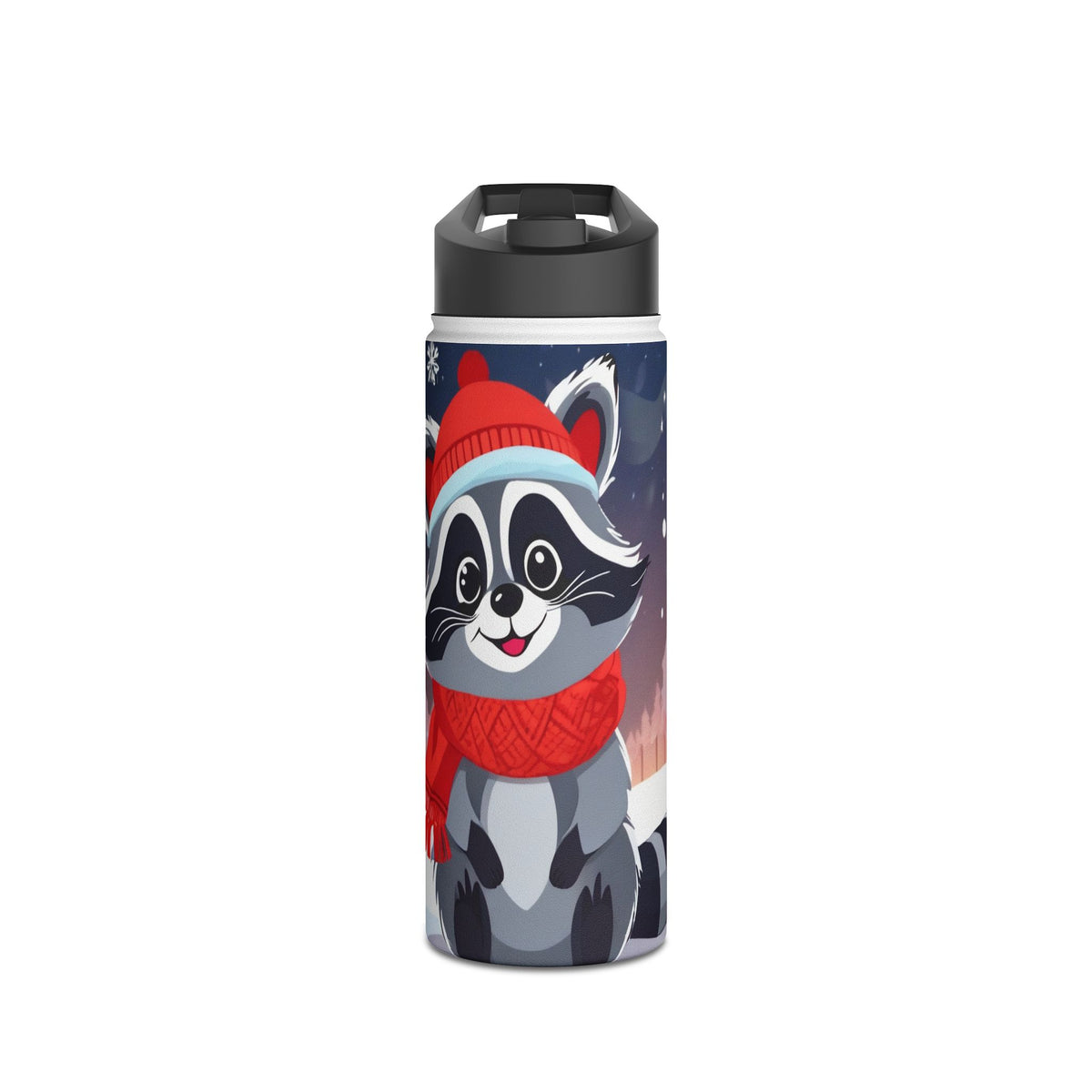 Winter Raccoon Christmas Stainless Steel Water Bottle | Cute Animal Holiday Travel Mug