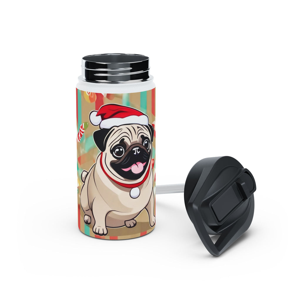 Santa Pug Christmas Stainless Steel Water Bottle | Cute Festive Dog Travel Mug, Holiday Gift