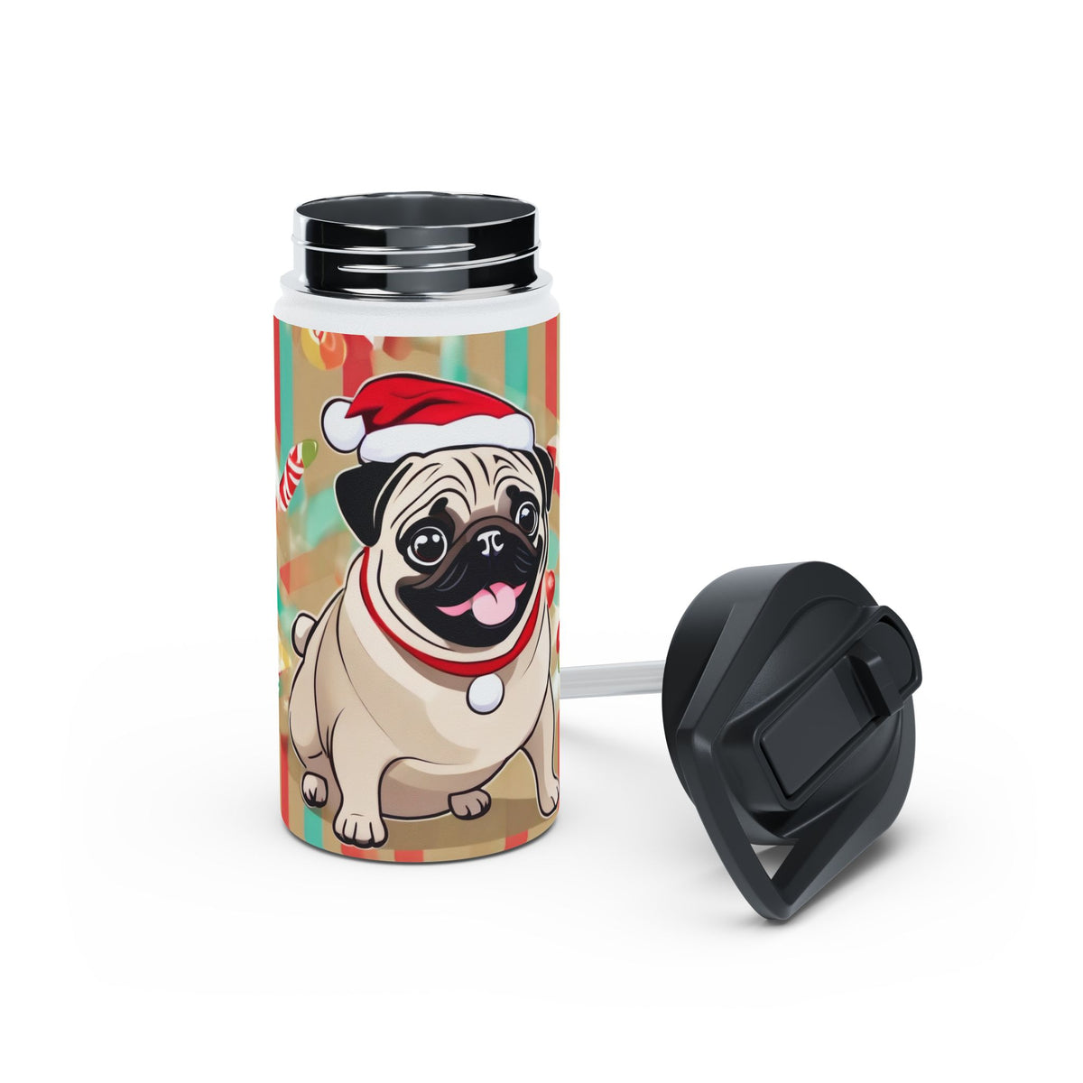 Santa Pug Christmas Stainless Steel Water Bottle | Cute Festive Dog Travel Mug, Holiday Gift