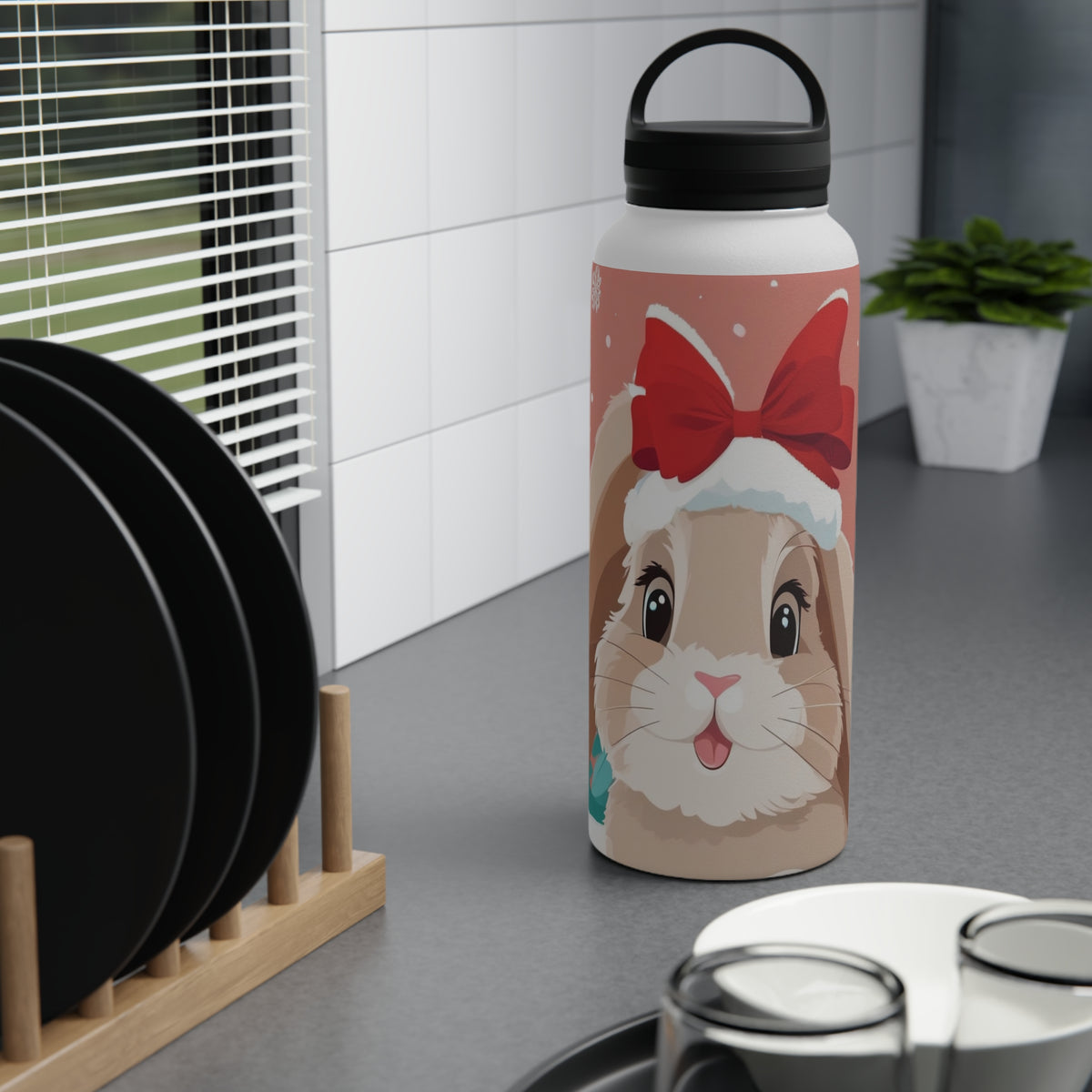 Festive Bunny Christmas Stainless Steel Water Bottle | Cute Rabbit Holiday Travel Mug