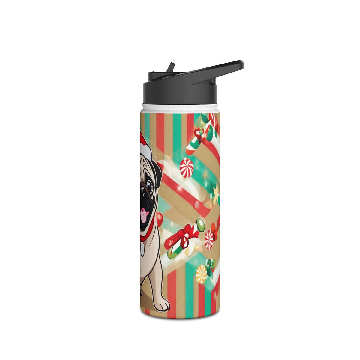 Santa Pug Christmas Stainless Steel Water Bottle | Cute Festive Dog Travel Mug, Holiday Gift
