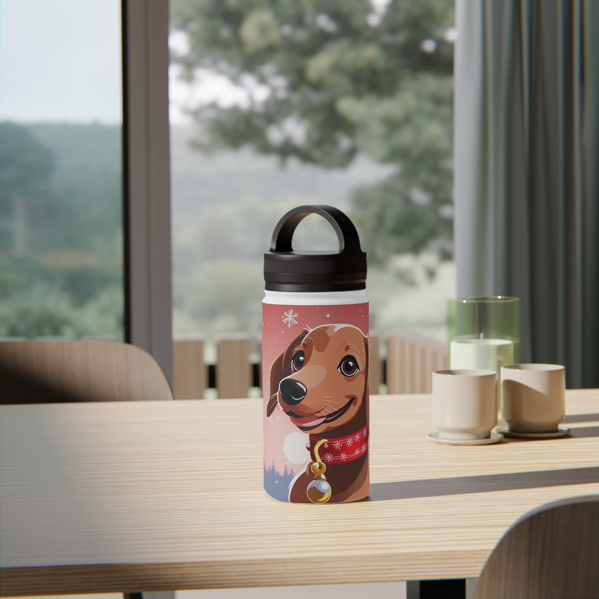 Festive Dachshund Christmas Stainless Steel Water Bottle | Cute Sausage Dog Holiday Travel Mug