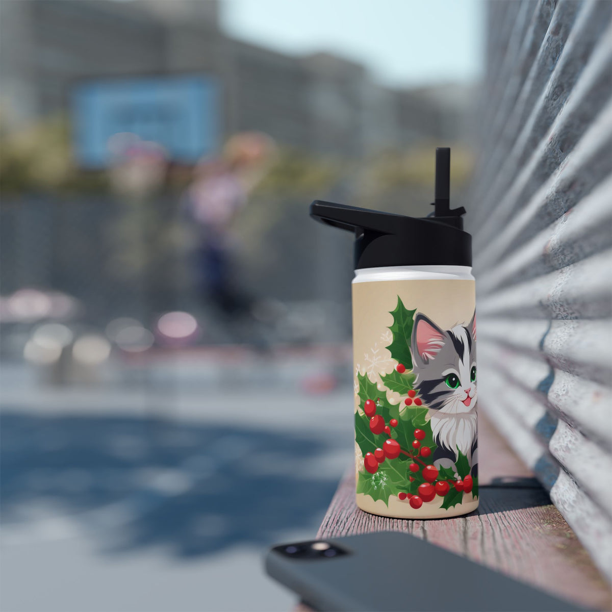 Mistletoe Kittens Christmas Stainless Steel Water Bottle | Cute Cats Holiday Travel Mug