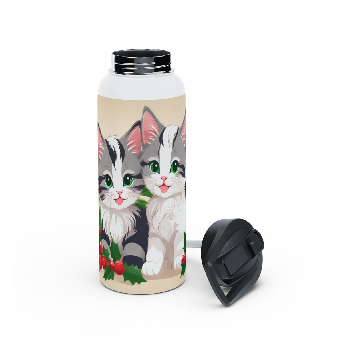 Mistletoe Kittens Christmas Stainless Steel Water Bottle | Cute Cats Holiday Travel Mug