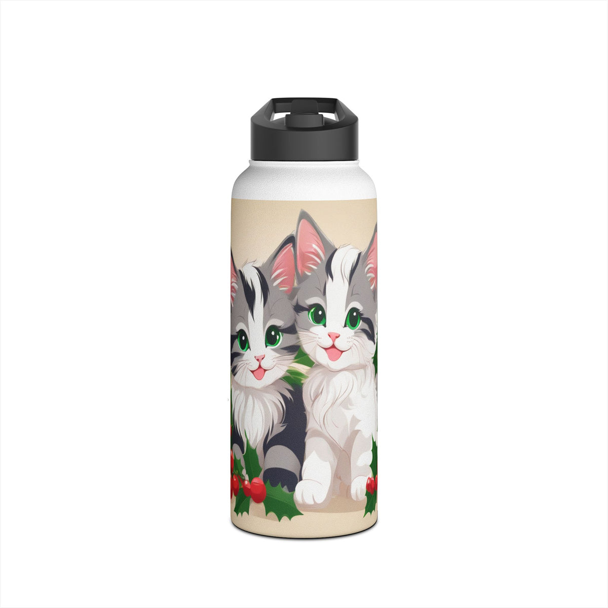 Mistletoe Kittens Christmas Stainless Steel Water Bottle | Cute Cats Holiday Travel Mug