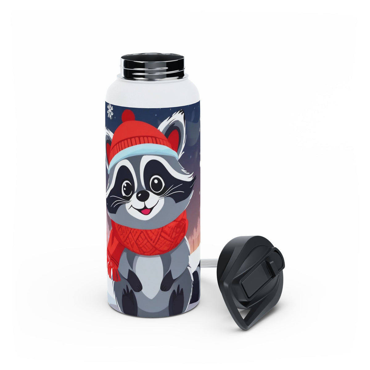 Winter Raccoon Christmas Stainless Steel Water Bottle | Cute Animal Holiday Travel Mug