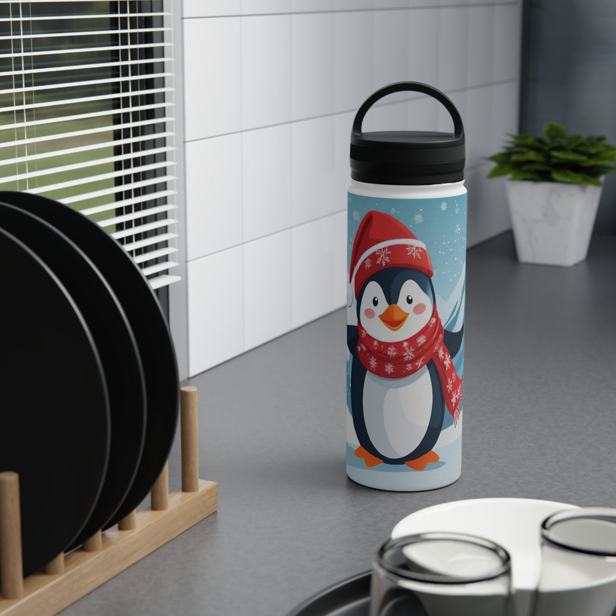 Festive Penguin Christmas Stainless Steel Water Bottle | Cute Arctic Animal Holiday Travel Mug
