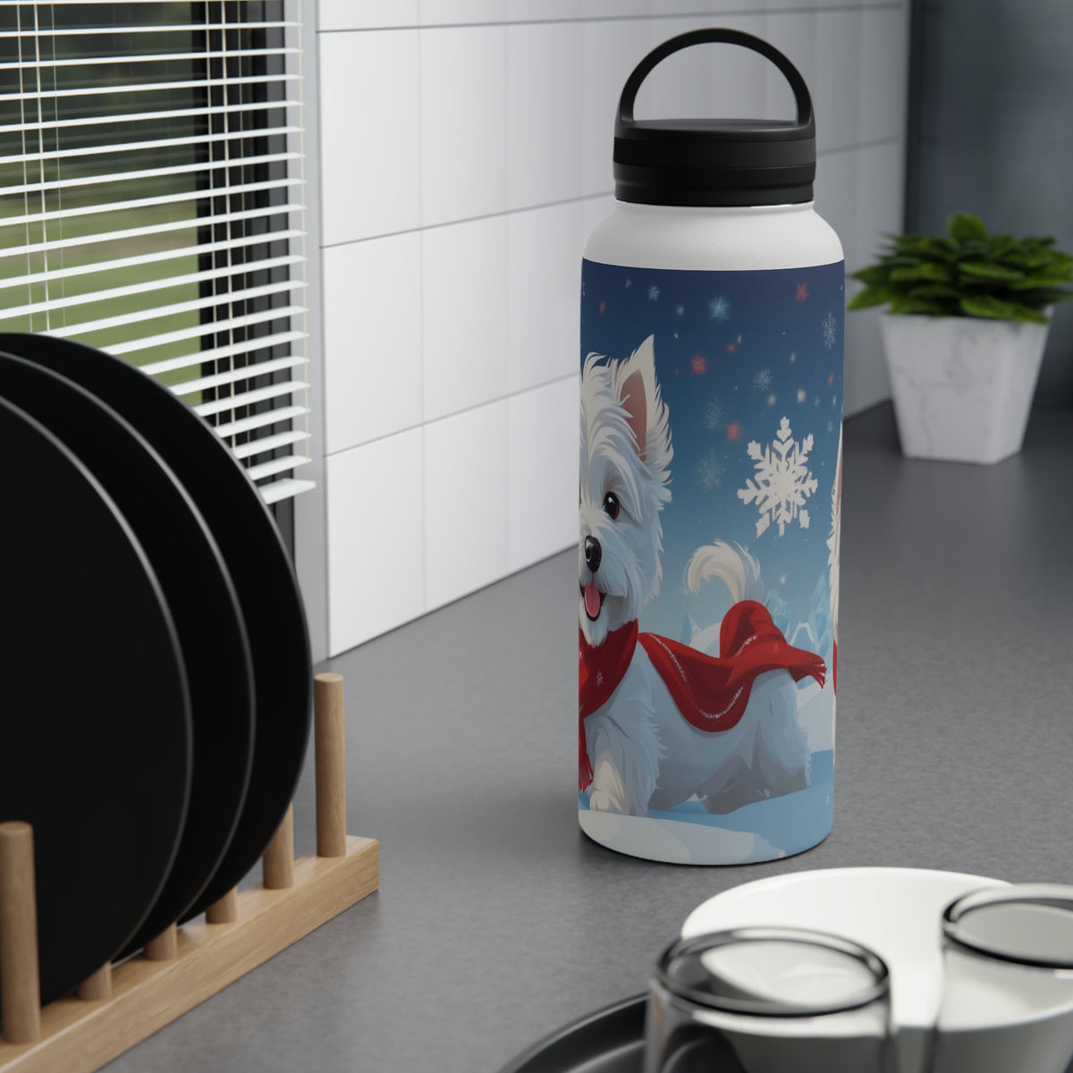 Festive Westie Christmas Stainless Steel Water Bottle | Cute West Highland Terrier Holiday Travel Mug