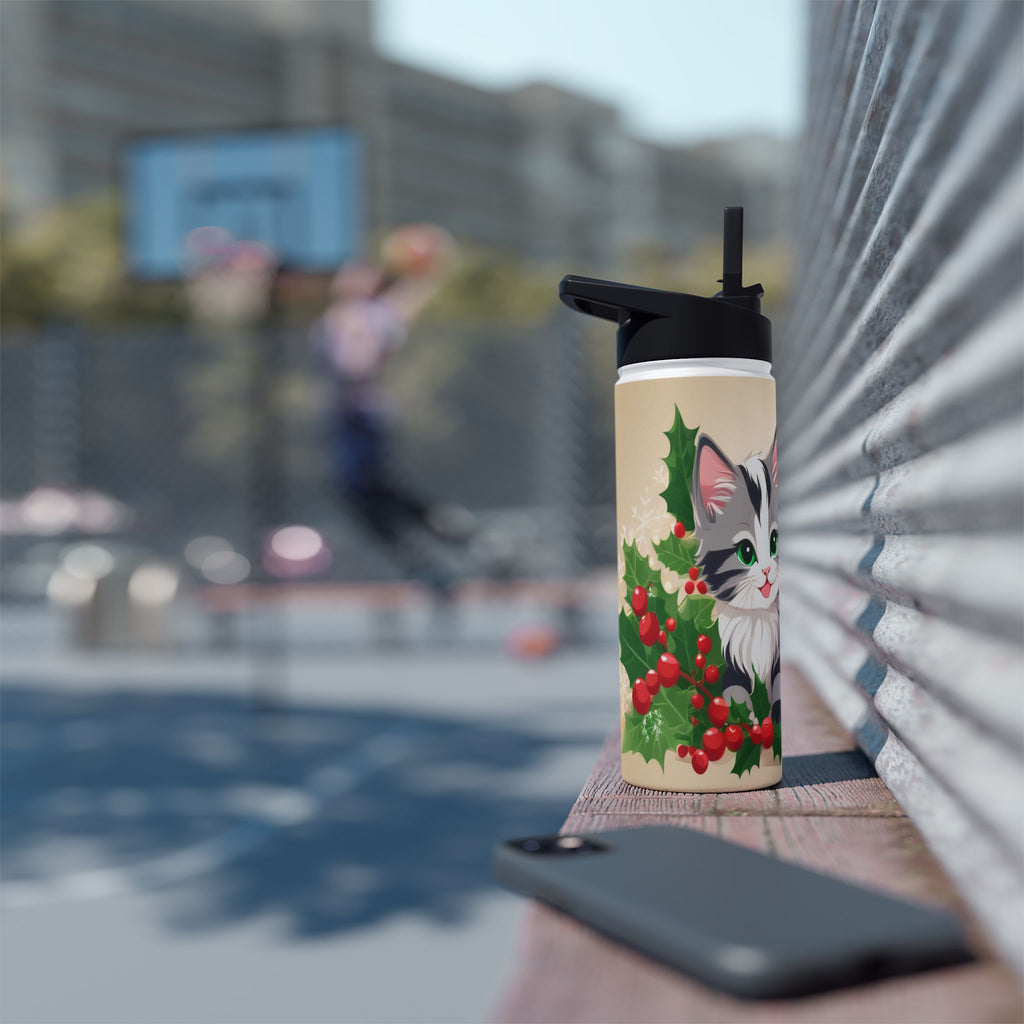 Mistletoe Kittens Christmas Stainless Steel Water Bottle | Cute Cats Holiday Travel Mug