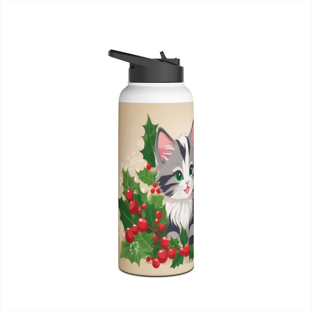 Mistletoe Kittens Christmas Stainless Steel Water Bottle | Cute Cats Holiday Travel Mug