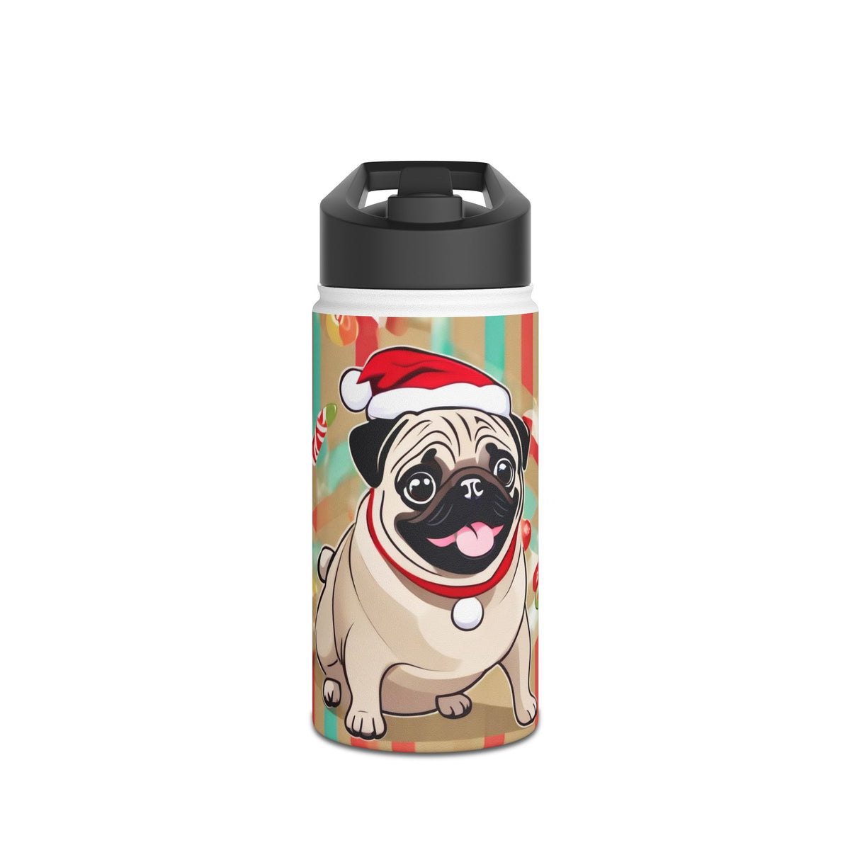 Santa Pug Christmas Stainless Steel Water Bottle | Cute Festive Dog Travel Mug, Holiday Gift