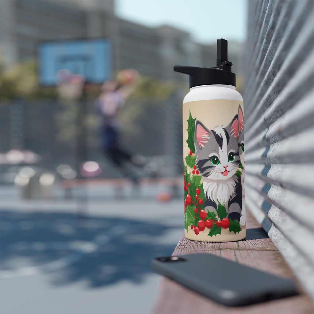 Mistletoe Kittens Christmas Stainless Steel Water Bottle | Cute Cats Holiday Travel Mug