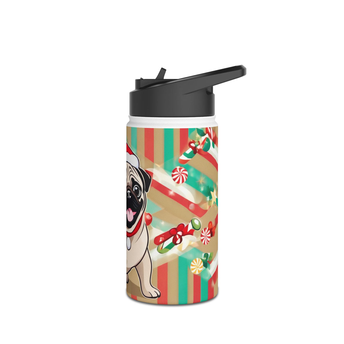 Santa Pug Christmas Stainless Steel Water Bottle | Cute Festive Dog Travel Mug, Holiday Gift