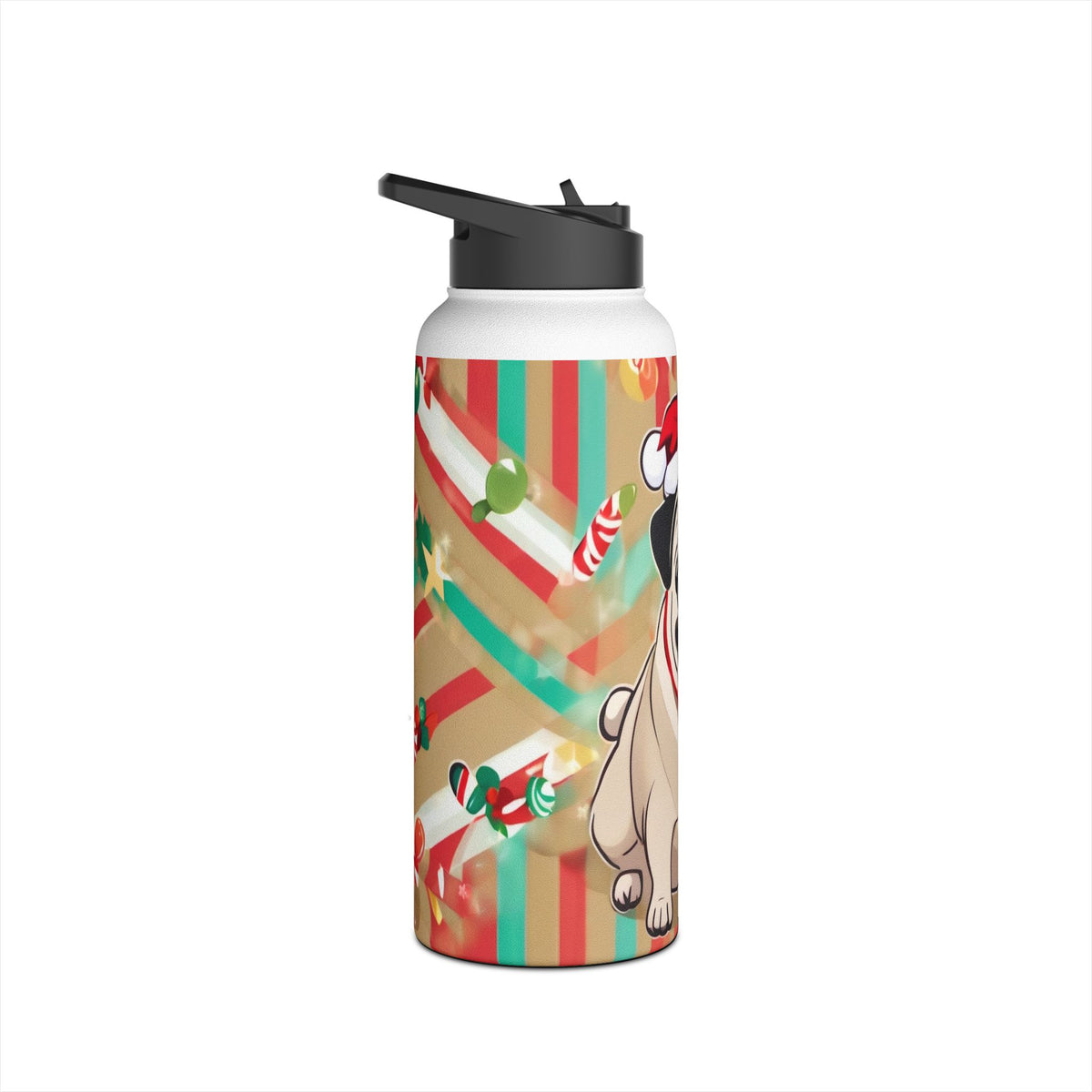 Santa Pug Christmas Stainless Steel Water Bottle | Cute Festive Dog Travel Mug, Holiday Gift