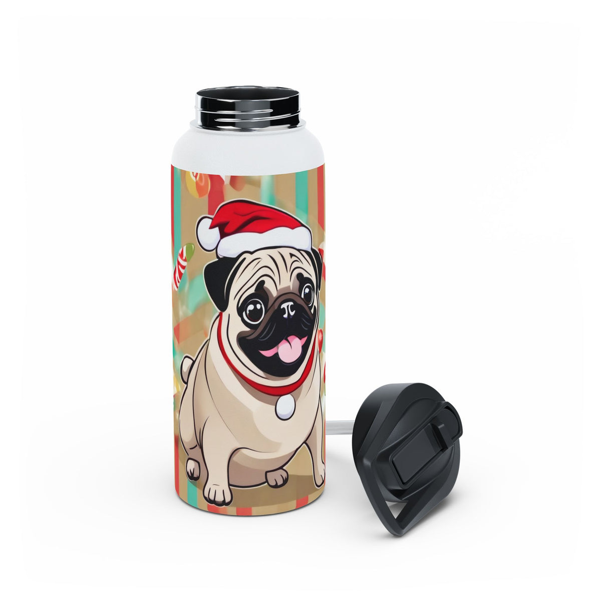 Santa Pug Christmas Stainless Steel Water Bottle | Cute Festive Dog Travel Mug, Holiday Gift