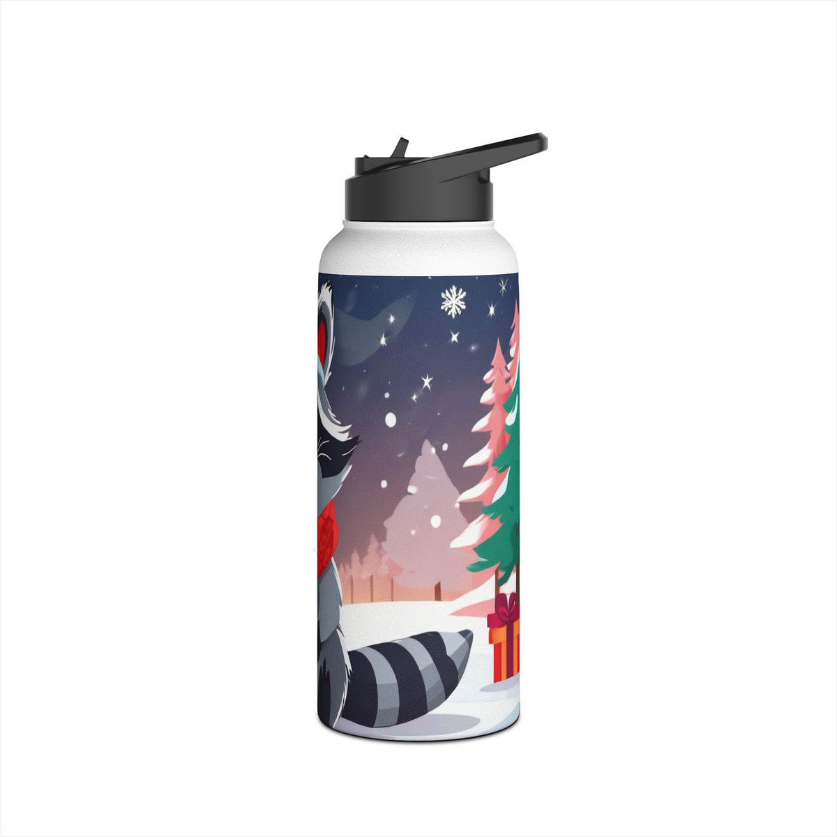 Winter Raccoon Christmas Stainless Steel Water Bottle | Cute Animal Holiday Travel Mug