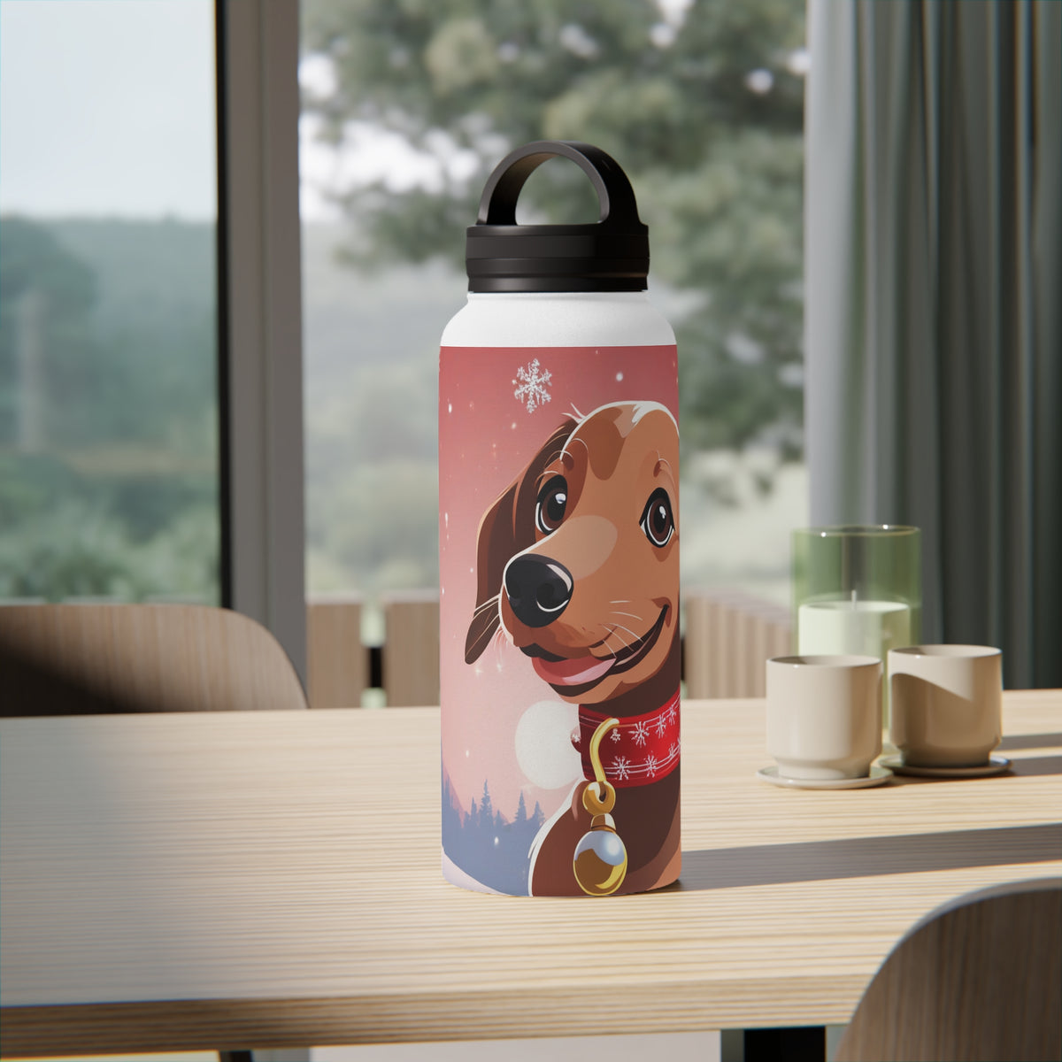 Festive Dachshund Christmas Stainless Steel Water Bottle | Cute Sausage Dog Holiday Travel Mug