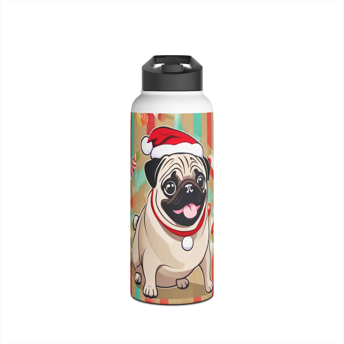 Santa Pug Christmas Stainless Steel Water Bottle | Cute Festive Dog Travel Mug, Holiday Gift