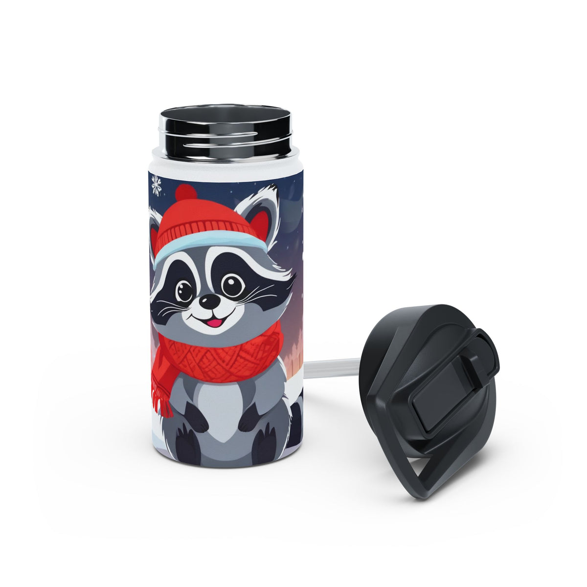 Winter Raccoon Christmas Stainless Steel Water Bottle | Cute Animal Holiday Travel Mug