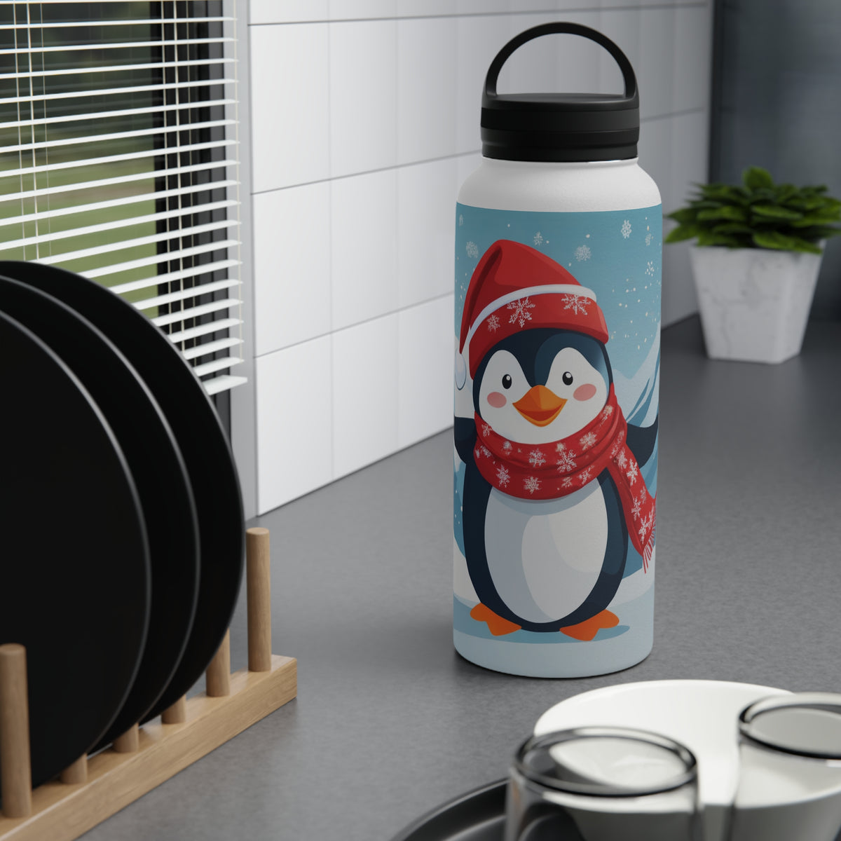 Festive Penguin Christmas Stainless Steel Water Bottle | Cute Arctic Animal Holiday Travel Mug