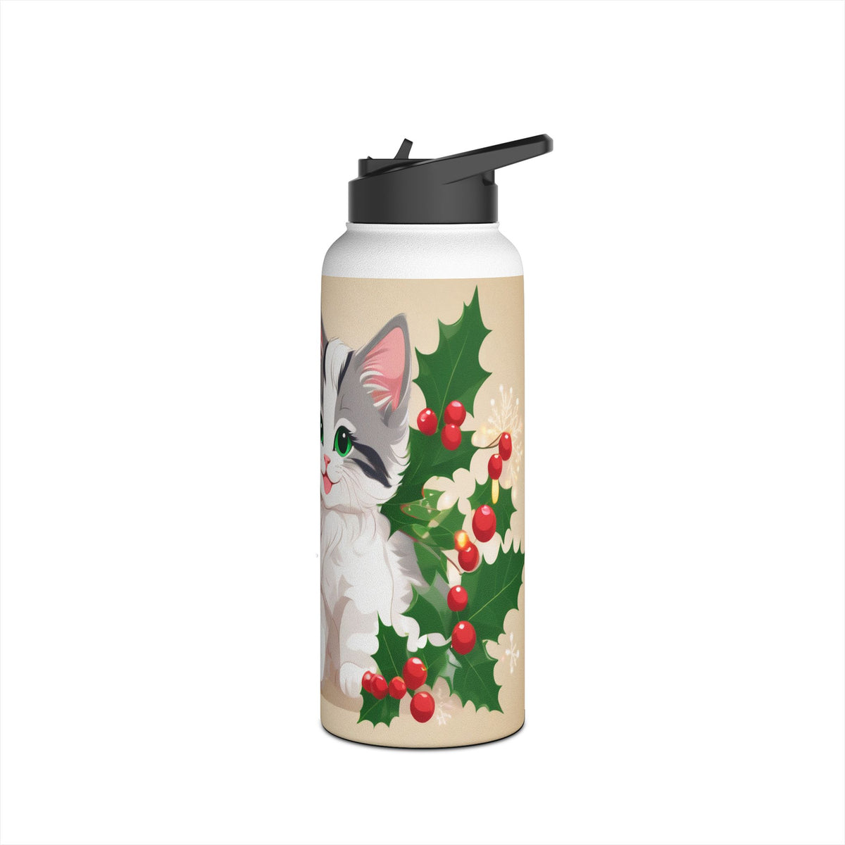 Mistletoe Kittens Christmas Stainless Steel Water Bottle | Cute Cats Holiday Travel Mug