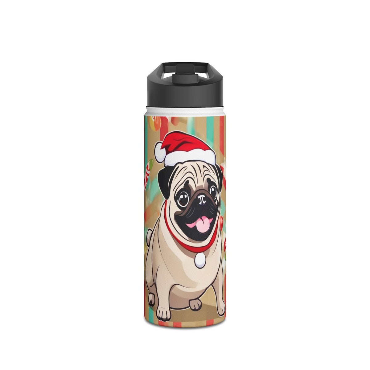 Santa Pug Christmas Stainless Steel Water Bottle | Cute Festive Dog Travel Mug, Holiday Gift