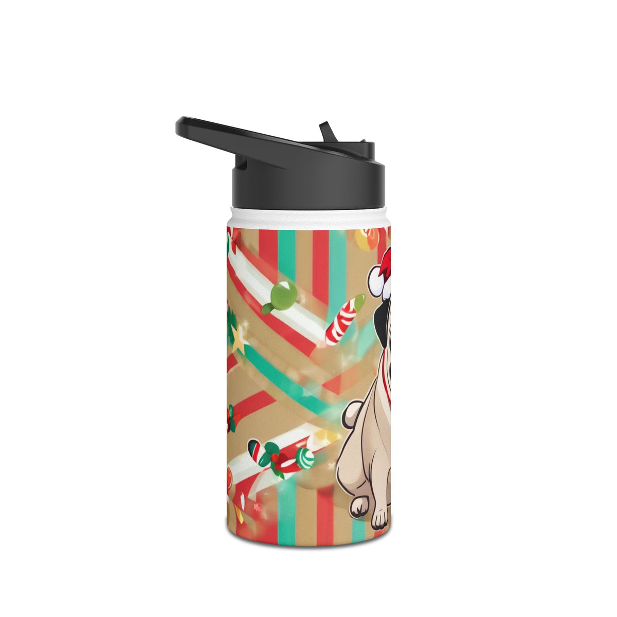 Santa Pug Christmas Stainless Steel Water Bottle | Cute Festive Dog Travel Mug, Holiday Gift