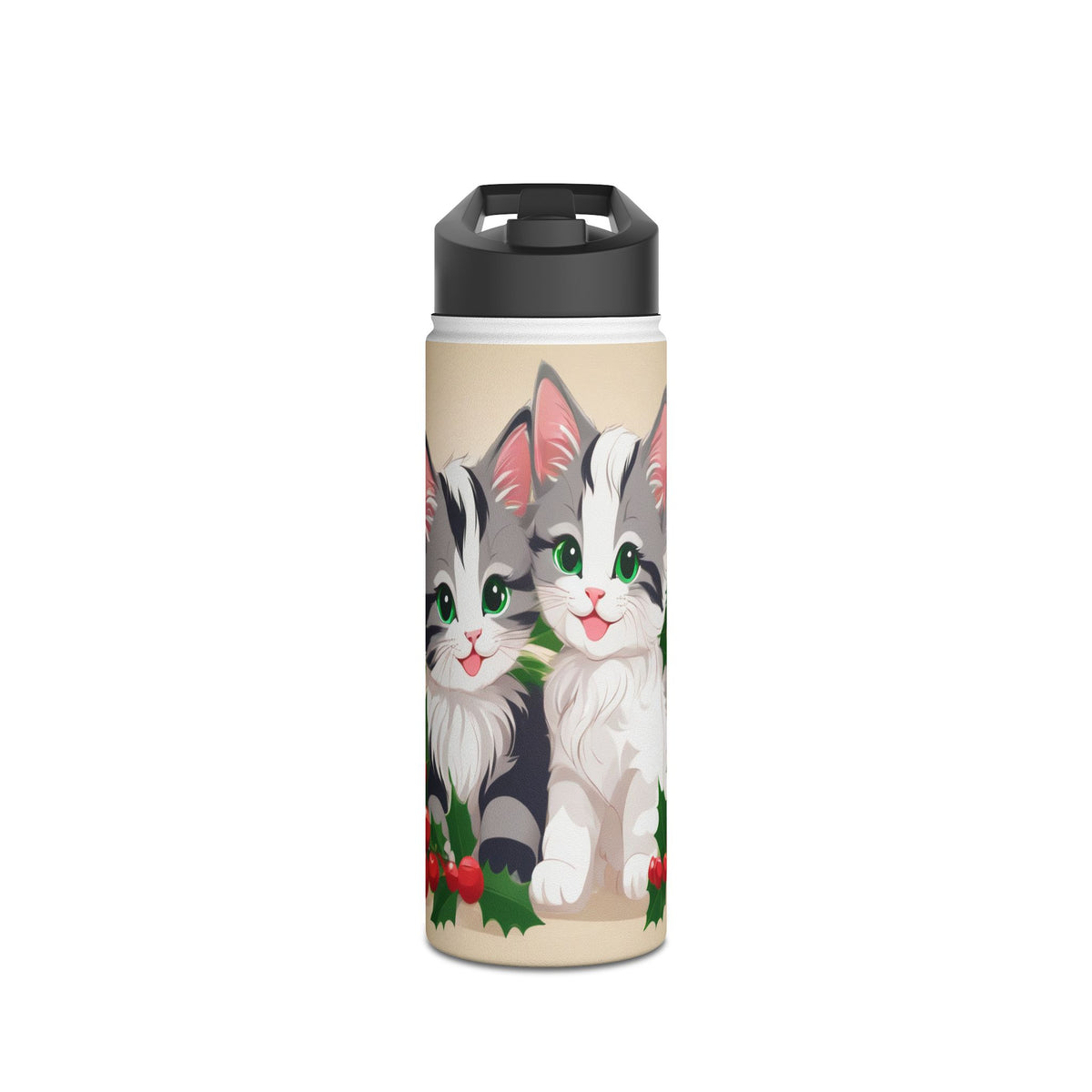 Mistletoe Kittens Christmas Stainless Steel Water Bottle | Cute Cats Holiday Travel Mug