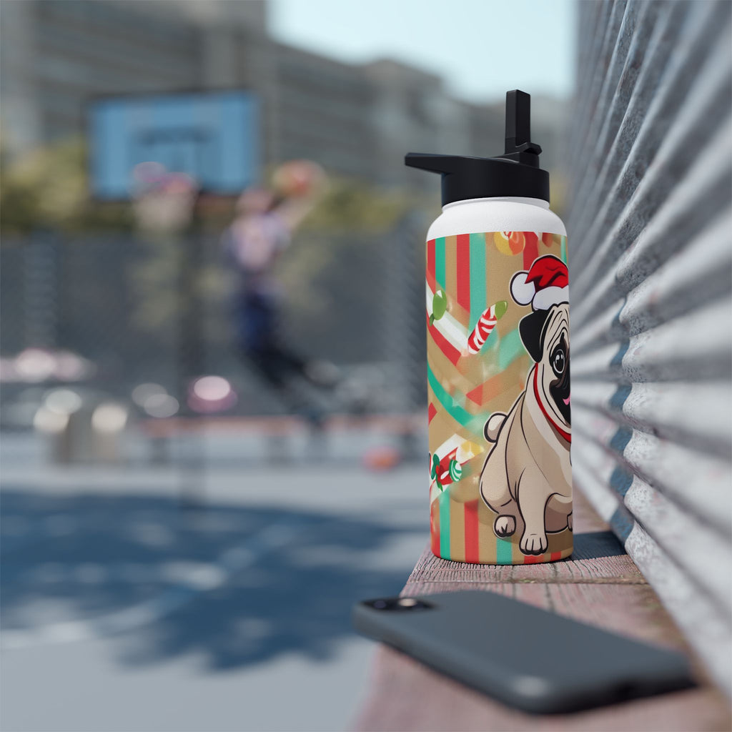 Santa Pug Christmas Stainless Steel Water Bottle | Cute Festive Dog Travel Mug, Holiday Gift
