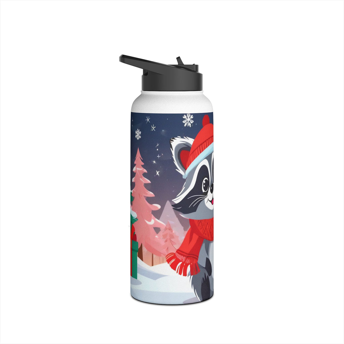Winter Raccoon Christmas Stainless Steel Water Bottle | Cute Animal Holiday Travel Mug