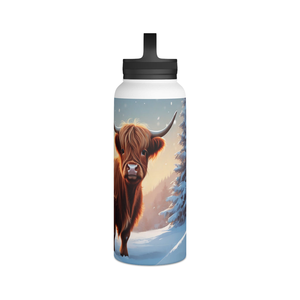 Festive Highland Cow Christmas Stainless Steel Water Bottle | Cute Farm Animal Holiday Travel Mug