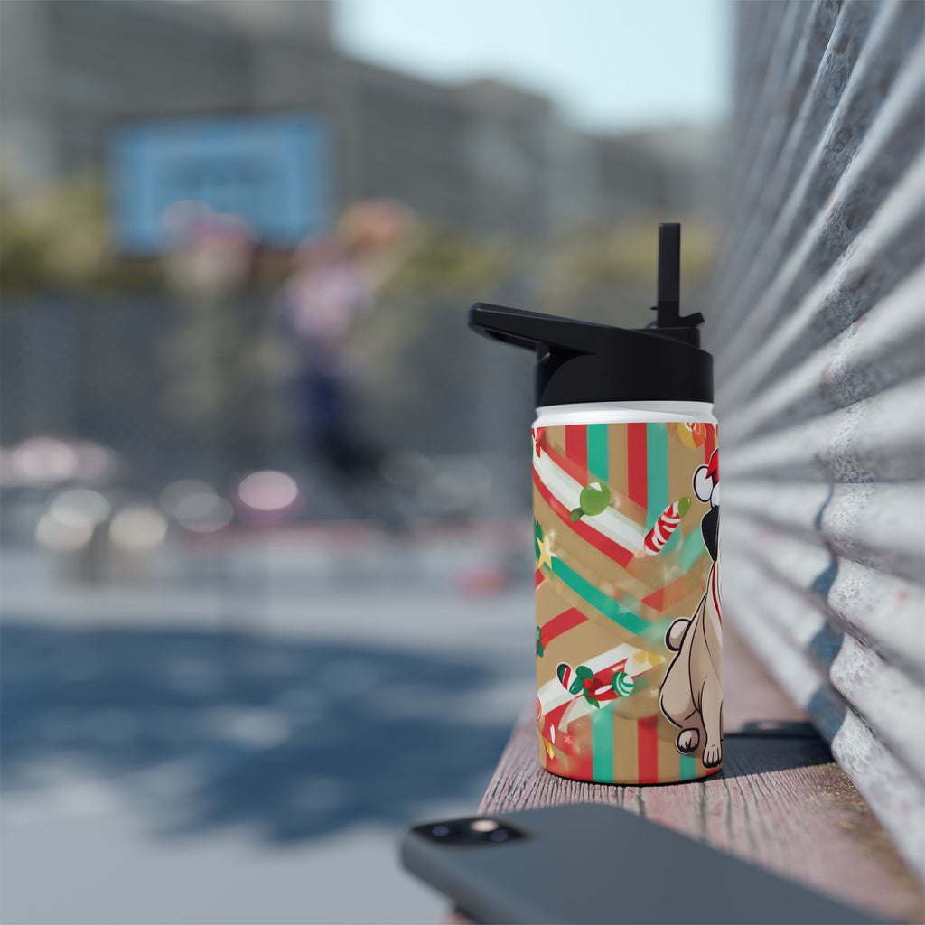 Santa Pug Christmas Stainless Steel Water Bottle | Cute Festive Dog Travel Mug, Holiday Gift