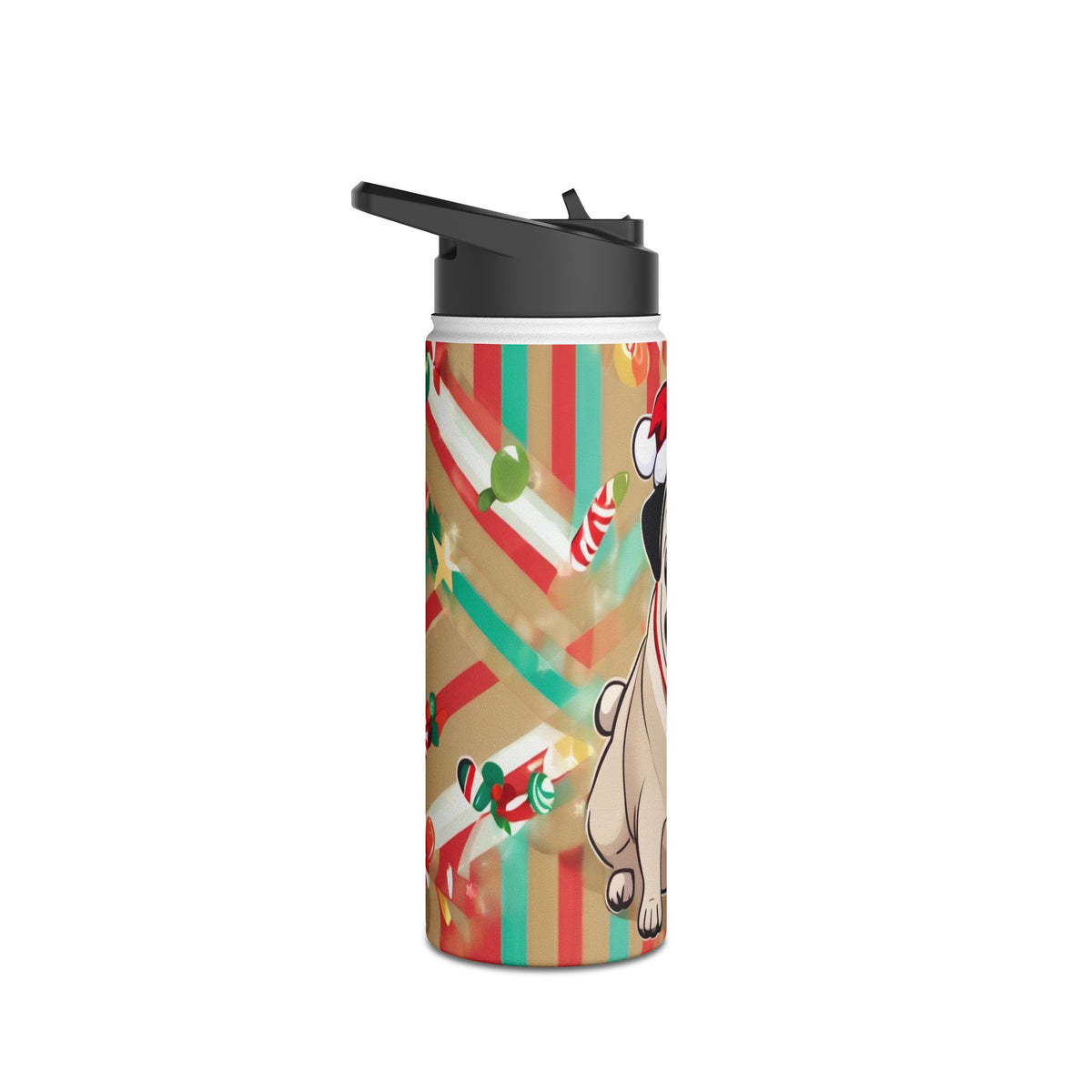 Santa Pug Christmas Stainless Steel Water Bottle | Cute Festive Dog Travel Mug, Holiday Gift
