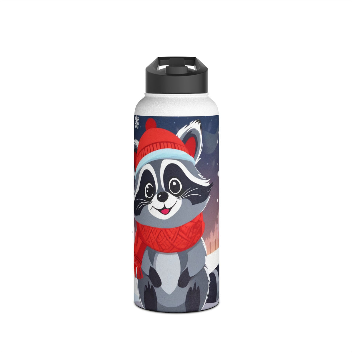 Winter Raccoon Christmas Stainless Steel Water Bottle | Cute Animal Holiday Travel Mug