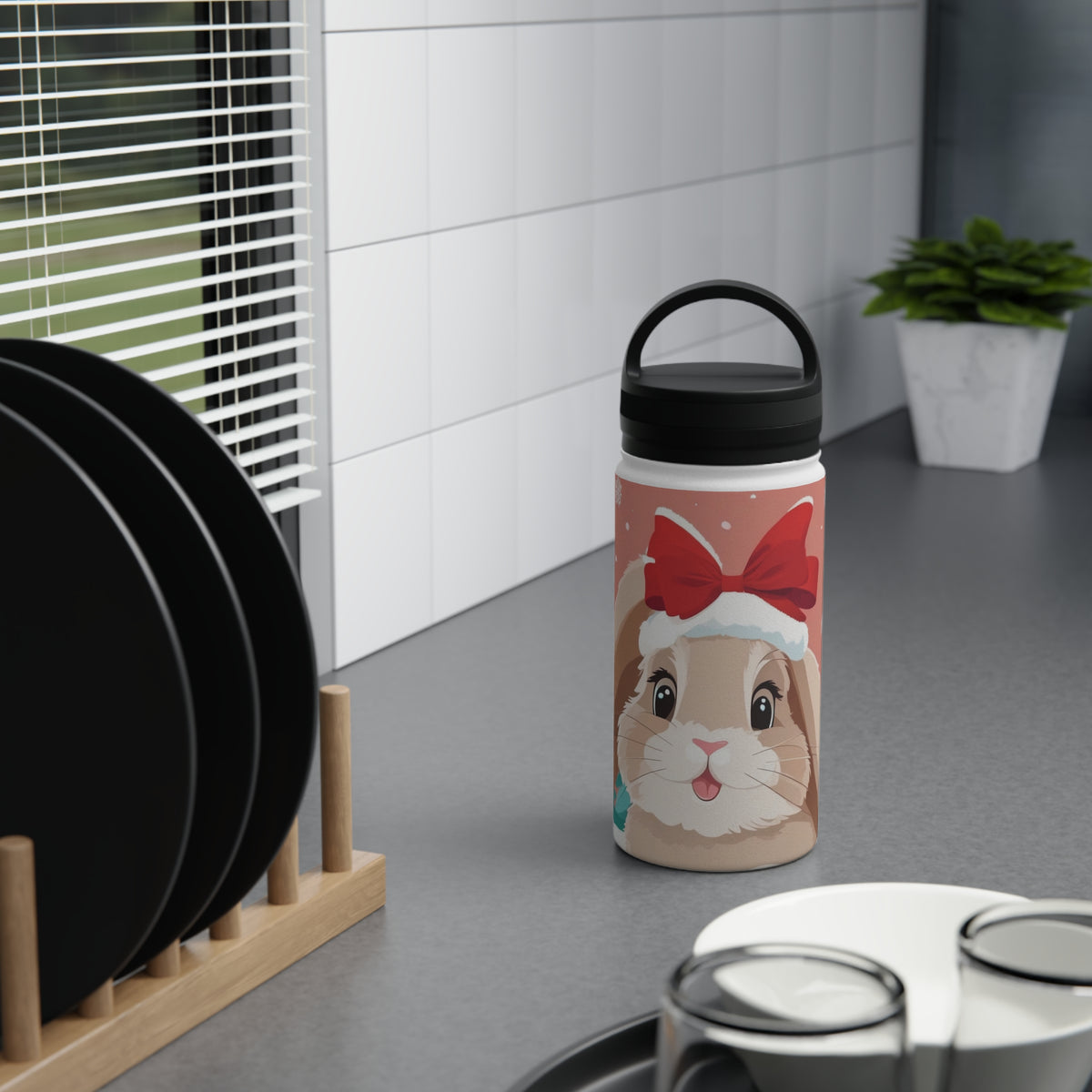 Festive Bunny Christmas Stainless Steel Water Bottle | Cute Rabbit Holiday Travel Mug