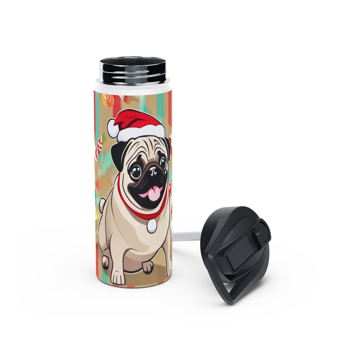 Santa Pug Christmas Stainless Steel Water Bottle | Cute Festive Dog Travel Mug, Holiday Gift