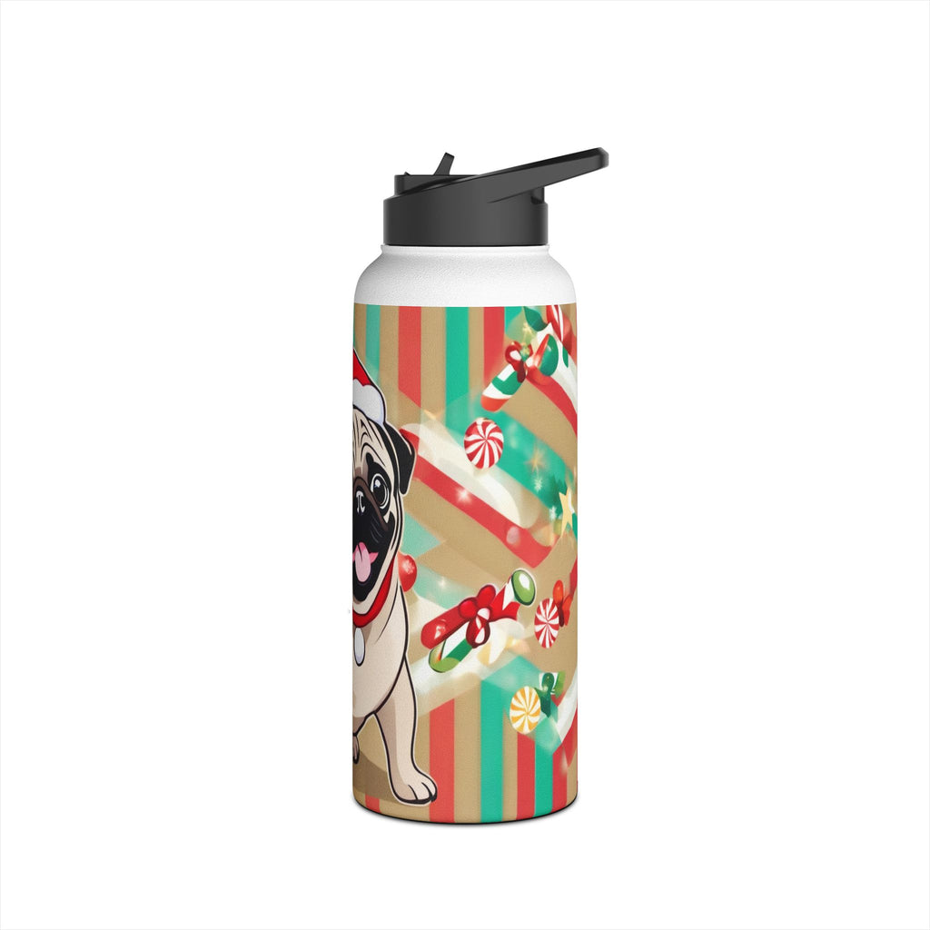 Santa Pug Christmas Stainless Steel Water Bottle | Cute Festive Dog Travel Mug, Holiday Gift